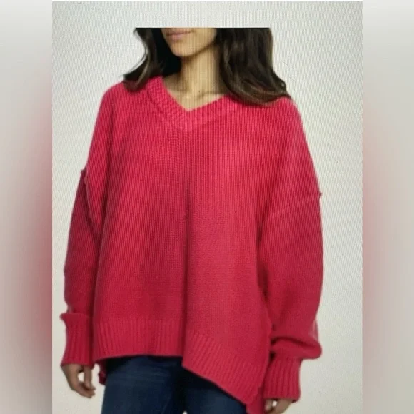 Free People Relaxed V-Neck Sweater in Hot Pink - Picture 2 of 6